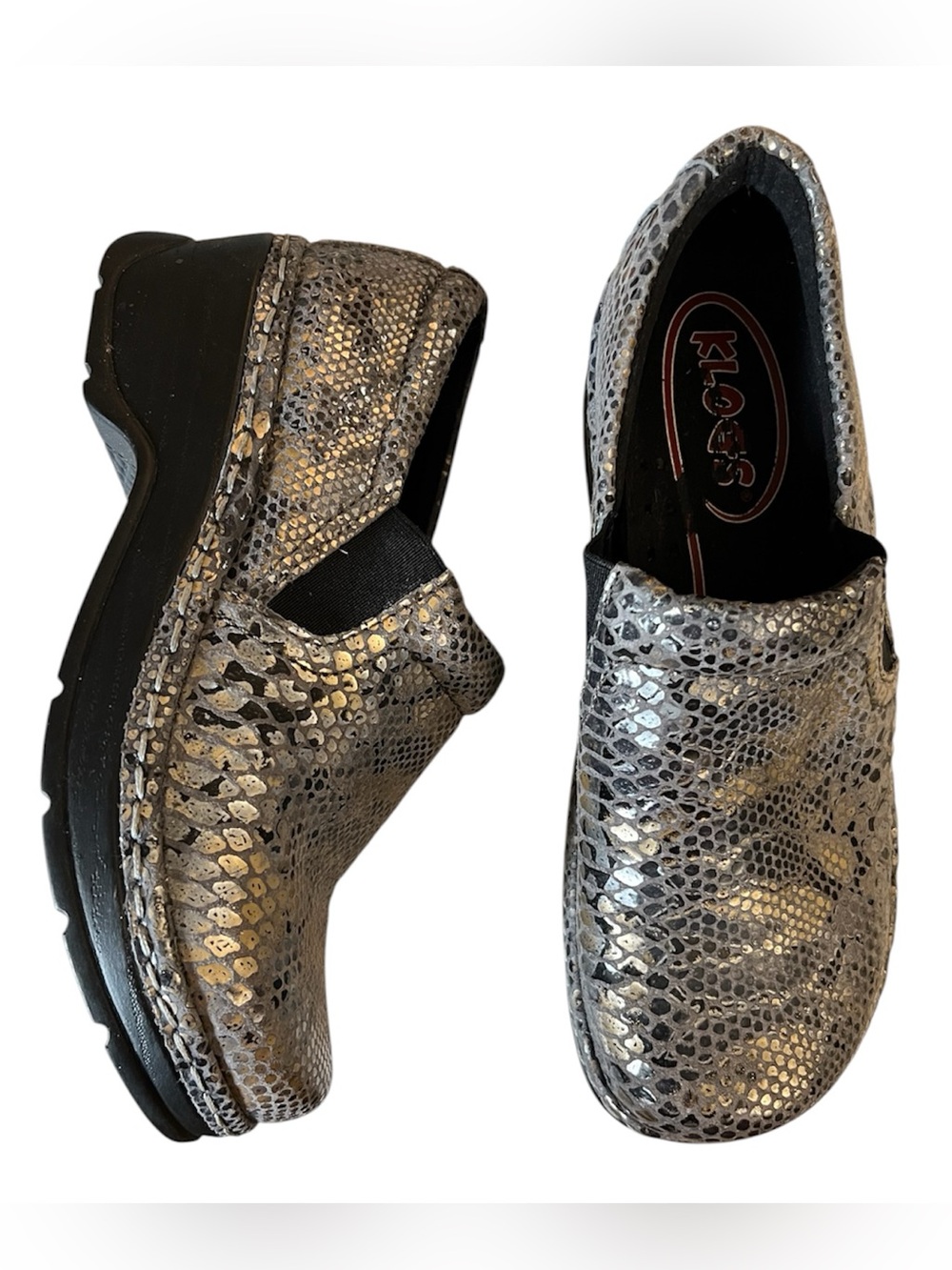 Klogs Metallic Snake-Print Slip-On Clogs Size 6.5 Leather Upper Slip Resistant